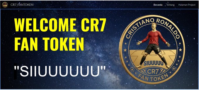 The image is a promotional banner for the "CR7 FAN TOKEN," featuring "WELCOME CR7 FAN TOKEN" and "SIIUUUUU" in bold text alongside a gold commemorative coin depicting Cristiano Ronaldo. It aligns with the post's teaser about building a community website for the project, using Ronaldo's iconic celebration chant as the rallying theme.