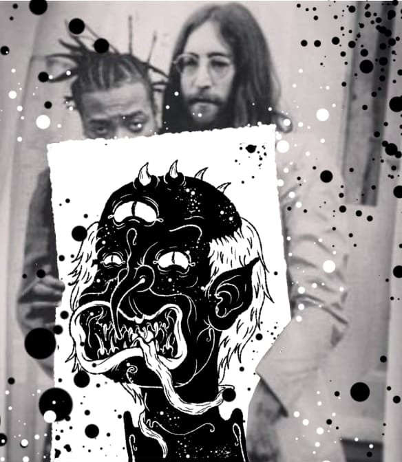 A black and white artistic photo showing two men in the background, overlaid with a dark, monstrous ink-style drawing of a horned creature with sharp teeth and a long tongue.