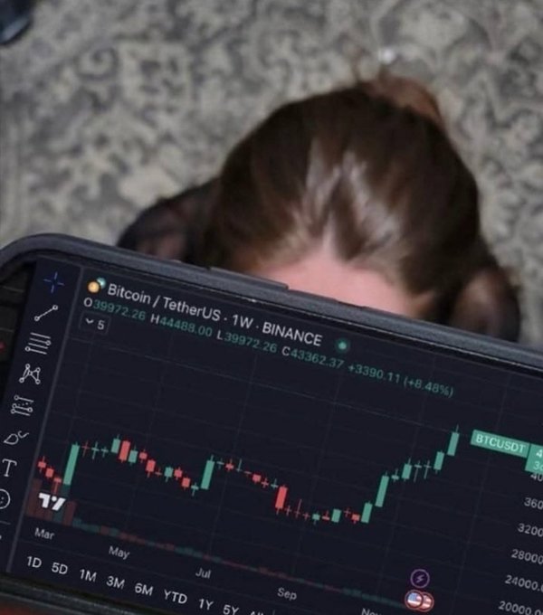 A pet looks at a screen showing a Bitcoin/TetherUS (BTCUSDT) weekly candlestick chart on Binance, displaying the price around $39,972 with a +8.48% change.