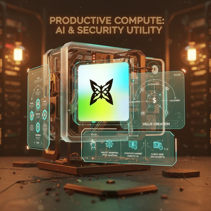 A futuristic, glowing digital render displays "PRODUCTIVE COMPUTE: AI & SECURITY UTILITY" above a holographic cube featuring a butterfly/fox-like logo, surrounded by interface panels labeled "VALUE CREATION," "WALLET WRAPPING," "COMPUTE MARKET," and "CLIENT-SIDE DECRYPTION." The image visually reinforces the post's message by framing quantum-era compute as a dual-purpose utility—both a powerful AI engine and a security/cryptographic defense layer.