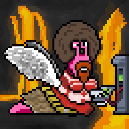 A pixel art sprite depicting a warrior character with brown hair, a red outfit, and a sword, standing in front of a dramatic background of orange flames.