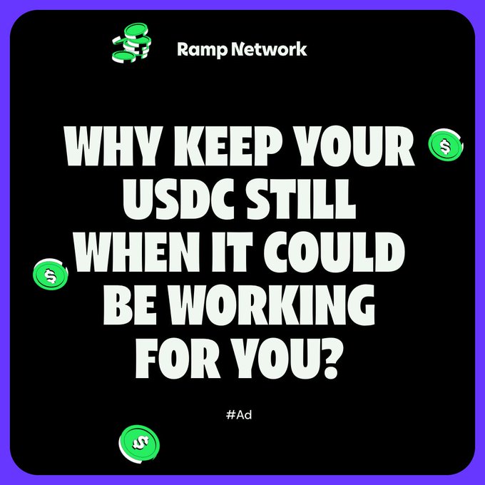 A black advertisement with a purple border featuring the Ramp Network logo and green coin icons, reading 'WHY KEEP YOUR USDC STILL WHEN IT COULD BE WORKING FOR YOU?' with '#Ad' at the bottom.