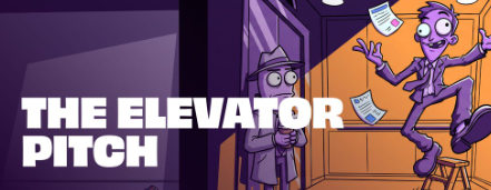 An old detective peeks around a corner at an eccentric, excited man in a purple suit wildly presenting papers inside an elevator, with bold text reading "THE ELEVATOR PITCH" overlaid on the image. The cartoon humorously illustrates the post's promise of cutting through lengthy threads and hype to deliver the one essential sentence that matters.