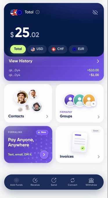 Mobile app screenshot showing a balance of $25.02 with options for Contacts, Groups, and a bottom navigation bar with Add Funds, Receive, Send, Convert, and Withdraw.
