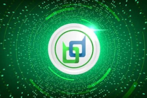 A digital graphic featuring a white circular logo with interlocking green and blue shapes, set against a futuristic green background with glowing concentric rings and data streams.