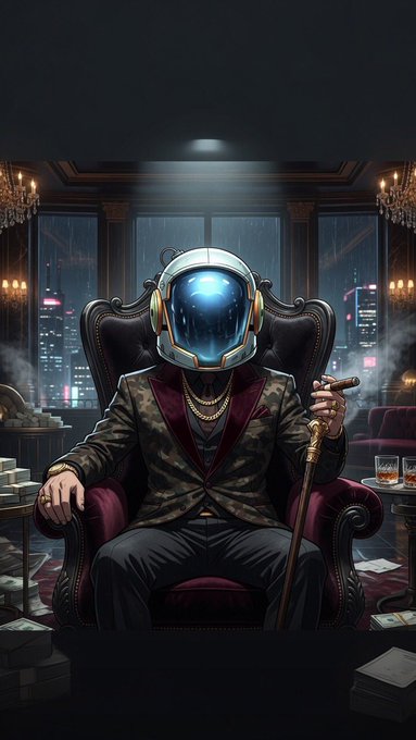 Digital artwork of a figure wearing a futuristic astronaut helmet and a camouflage blazer with red lapels, sitting in an ornate chair and holding a cane against a rainy city backdrop.