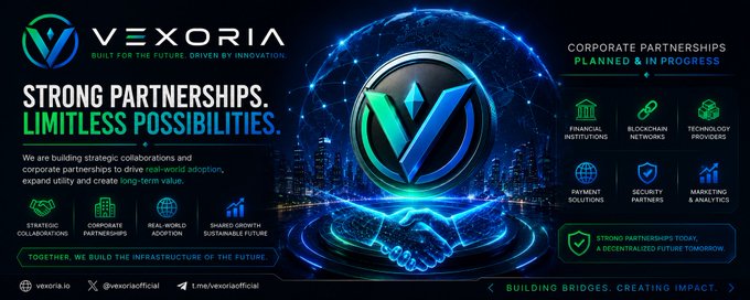 A promotional banner for VEXORIA ('BUILT FOR THE FUTURE, DRIVEN BY INNOVATION') highlighting strong partnerships, limitless possibilities, and corporate partnerships across financial, blockchain, and technology sectors.