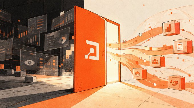 A conceptual illustration showing an orange door opening outward, with dark digital dashboards and charts on the left side and orange icons representing data, users, and analytics flowing out to the right.