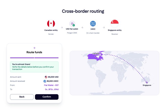 A cross-border routing interface showing a money transfer flow from a Canadian entity through a USD fiat wallet via Polygon and USDC to a Singapore entity, with route funds of 85,000 USD displayed.