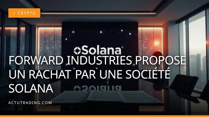 The image features an office setting with a large window, suggesting that they are located in a modern workspace. The main focus of the image is a presentation slide for a company named Solana. The text on the slide reads "Forward Industries proposal Un rachet par une société Solana". This suggests that the company is presenting a business idea or partnership with another company, possibly related to cryptocurrency and finance.