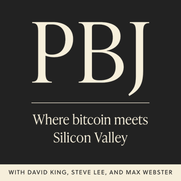 A black logo with white text reading 'PBJ - Where bitcoin meets Silicon Valley' with 'WITH DAVID KING, STEVE LEE, AND MAX WEBSTER' at the bottom.