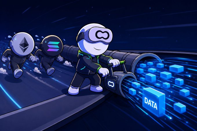 A cartoon astronaut character wearing a headset labeled 'DATA' runs through a pipe carrying blue data blocks, while ETH and SOL coin characters chase behind.