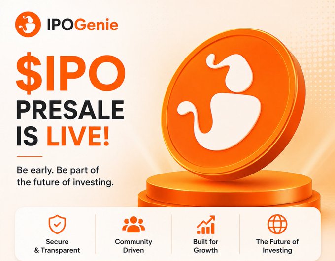An advertisement for 'IPOGenie' announces that its '$IPO PRESALE IS LIVE!' with an orange coin graphic and key features listed: Secure & Transparent, Community Driven, Built for Growth, and The Future of Investing.
