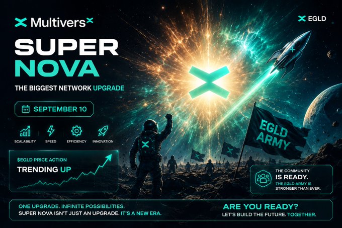 A promotional banner for 'MultiversX SUPER NOVA' announcing the biggest network upgrade on September 10 with EGLD price trending up.