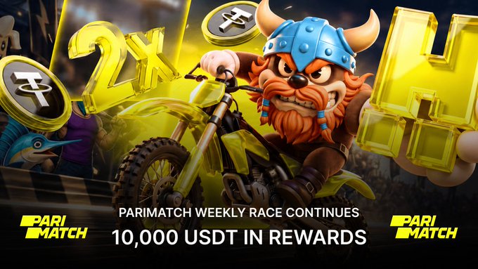 A promotional banner for 'PARIMATCH' features a cartoon Viking character on a motorcycle with golden coins, advertising 'PARIMATCH WEEKLY RACE CONTINUES' with '10,000 USDT IN REWARDS'.