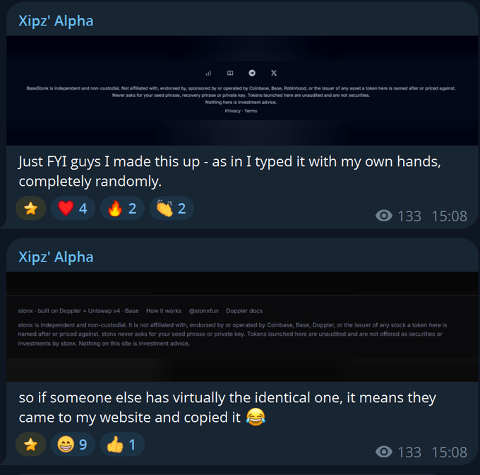Two Telegram-style posts from 'Xipz' Alpha' showing token disclaimers for 'BaseStonk' and 'stonx', with captions noting the content was made up randomly and warning that identical copies mean someone copied from the website.