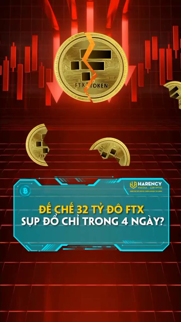 The image features a red background with a gold coin that has been split into two pieces, one of which is a "FTX" symbol. The text below the coin reads "De che 32 Tỷ Đô FTX sảp đân sụp không phanh", which translates to "FTX is broken". There are also other coins scattered around in the image, and a question mark is present. The post appears to be about a cryptocurrency called FTX that has been damaged or broken into pieces.