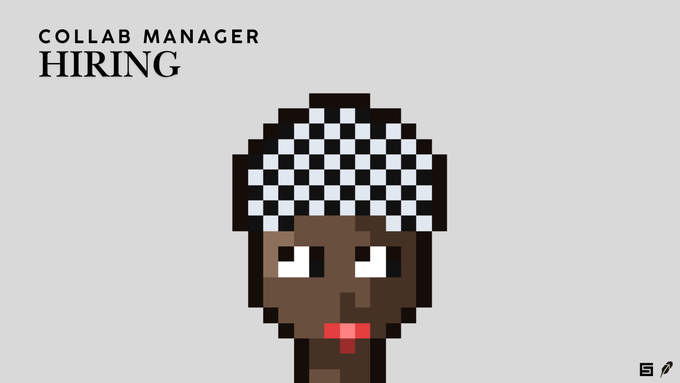 A pixel art graphic with text 'COLLAB MANAGER HIRING' showing a dark-skinned character wearing a black and white checkered bandana, with a '5' and feather logo in the corner.