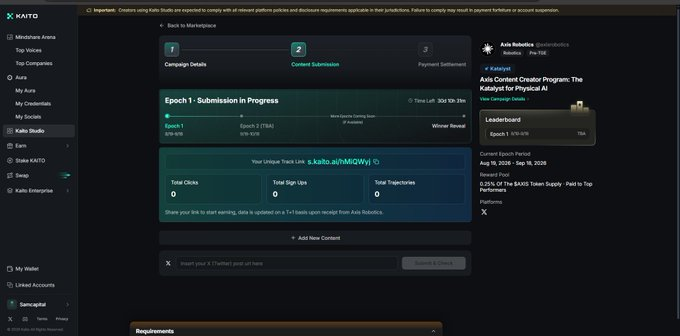 The image shows the KAITO Studios platform interface for an "Avis Content Creator Program" collaboration with Axios Robotics, displaying the "Epoch 1: Submission in Progress" stage with 0 total clicks (537/670) and 3:19:42 remaining, alongside a Track URL (s_kaito.ai/iiMiiOjWj). The caption text, which speaks metaphorically of Kaito's quiet return as a compressed spring ready to break through, aligns with the image's depiction of an active creator program submission phase—symbolizing the platform's re-emergence through tangible Web3 engagement initiatives.
