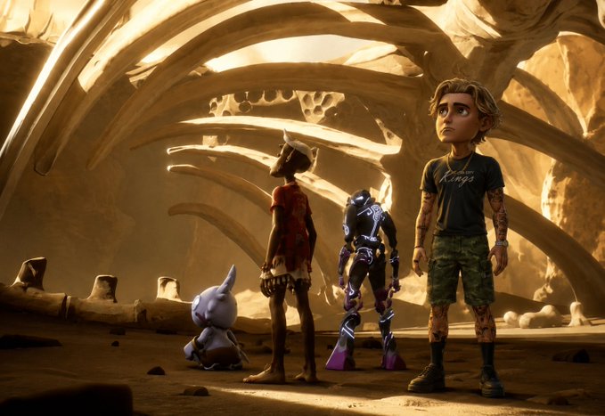A still from an animated film showing a young boy, a girl, a small white creature, and a black robot standing before a massive glowing skeleton in a desert landscape.