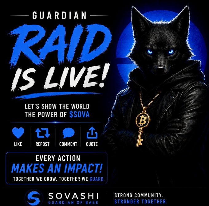 A promotional graphic for the "GUARDIAN RAID IS LIVE!" featuring a black wolf in a leather jacket wearing a Bitcoin medallion, with text encouraging engagement: "LET'S SHOW THE WORLD THE POWER OF $SOVA," and "EVERY ACTION MAKES AN IMPACT!" for Sovashi, "GUARDIAN OF BASE."
