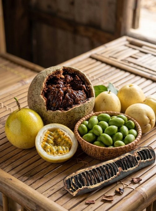 A still-life arrangement on a bamboo table featuring a dried monk fruit opened to reveal its pulp, a halved passion fruit, a small basket of green fruits, yellow guavas, and what appears to be a dried seed pod.