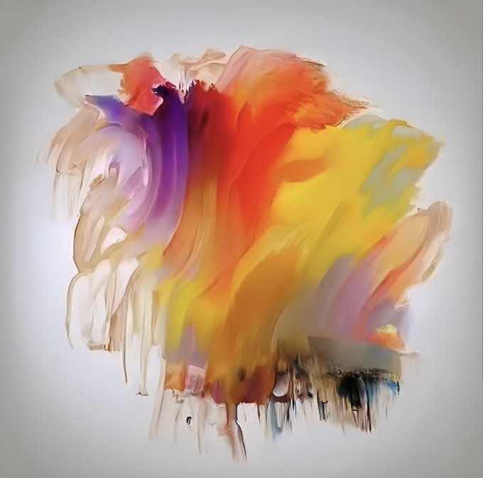 Abstract painting featuring vibrant smears of red, orange, yellow, pink, purple, and black paint with drip effects on a light background.