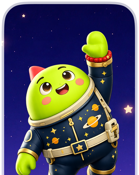 A cute green cartoon character dressed in a dark blue astronaut suit decorated with stars and planets waves cheerfully against a starry night sky background.