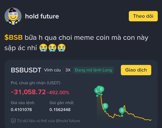 A Binance trading screenshot showing a meme coin BSBUSDT perpetual position with a massive unrealized loss of -31,058.72 USDT (-492.00%) posted by user 'hold future'.