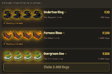 A gaming interface showing 'Straight from Mirele's Coffer' with three key bundle options: Undertow King (3 keys, $30, 300 keys), Furnace Maw (4 keys, $100, 1,000 keys), and Overgrown One (4 keys, $300, 3,000 keys), with a 'Claim 3,000 Keys' button at the bottom.