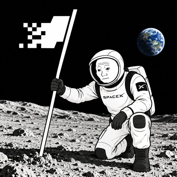 An illustrated SpaceX astronaut kneels on the moon's surface planting a pixelated flag, with Earth visible in the background.