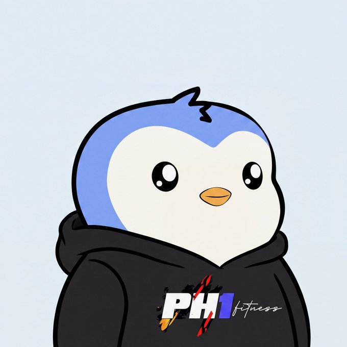 An illustration of a cute blue and white penguin-like character wearing a black hoodie that reads "PH1 fitness".