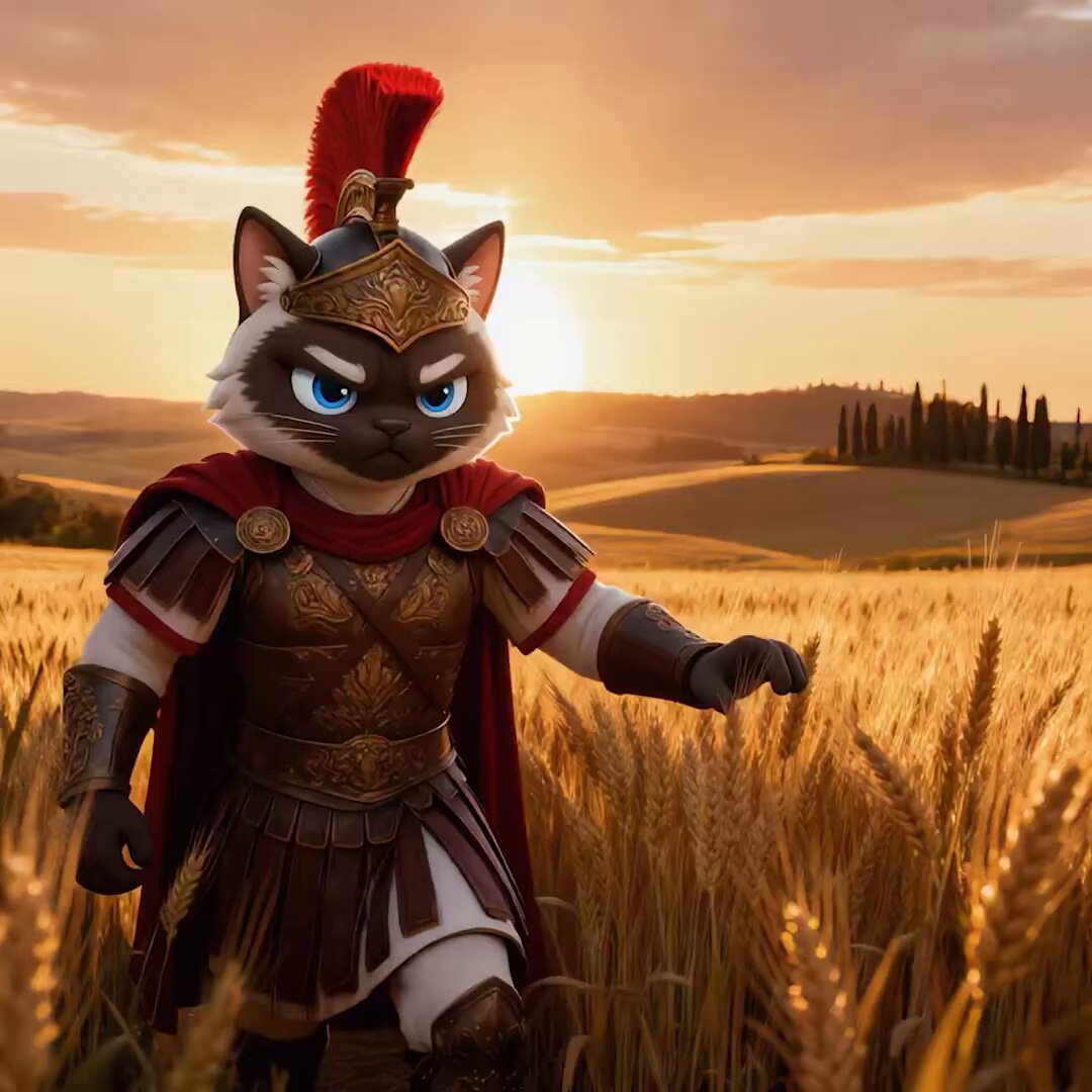 This image shows a cat dressed as a Roman soldier standing in a field of wheat. A caption below the image reads "GM everyone GM homies Happy to announce that GM has officially crossed the $50K market cap level!!! As promised, a brand new TG chat is being created right now. The revival continues". The post focuses on the main theme of the cat's attire and location in the grain field.