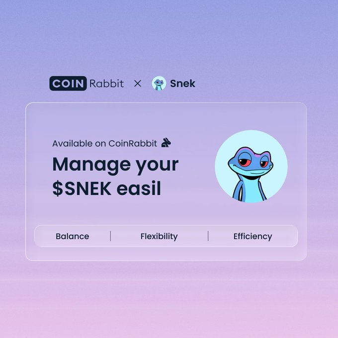 The image shows a purple background with white text that reads "CoinRabbit x Snek available on CoinRabbit wallet Store #SNEK securely in wallets Manage $SNEK seamlessly with one ecosystem - fast & secure". The main focus of the image is a cartoon frog sitting at the bottom, which appears to be smiling.