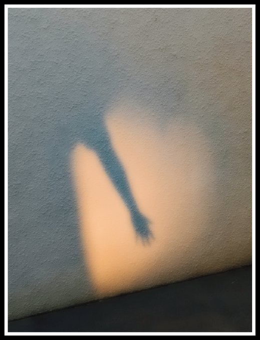 The image presents an artistic, photoshopped picture depicting an elongated hand appearing from the right side as if reaching out towards the viewer. It seems the photo has been altered, possibly with Photoshop or similar software, to create a unique visual effect. The background features a white wall with a gray frame that adds contrast and depth to the image.

The caption reads "reaching out to you a photograph of my shadow on a heart shaped coincidence of sunlight shot on a pixel". This statement emphasizes how the image represents an unexpected connection between a person's hand and their own shadow, creating an intriguing visual experience for viewers.