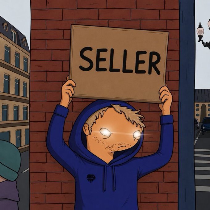 A cartoon illustration shows a person in a blue hoodie holding up a cardboard sign that reads "SELLER" while leaning against a brick wall, with their eyes glowing white.