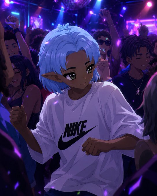 An anime-style image shows a character with light blue hair, pointed ears, and a white 'NIKE' t-shirt dancing in a vibrant purple-lit nightclub.