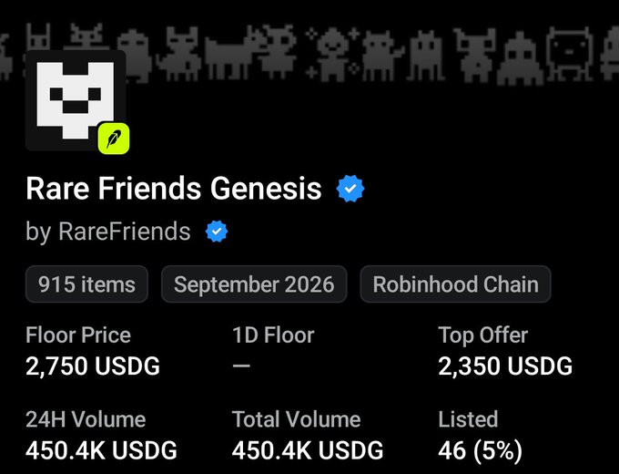 Screenshot of an NFT collection page on Robinhood Chain titled 'Rare Friends Genesis' by RareFriends, showing 915 items with a floor price of 2,750 USDG, 24H volume of 450.4K USDG, and 46 (5%) listed.