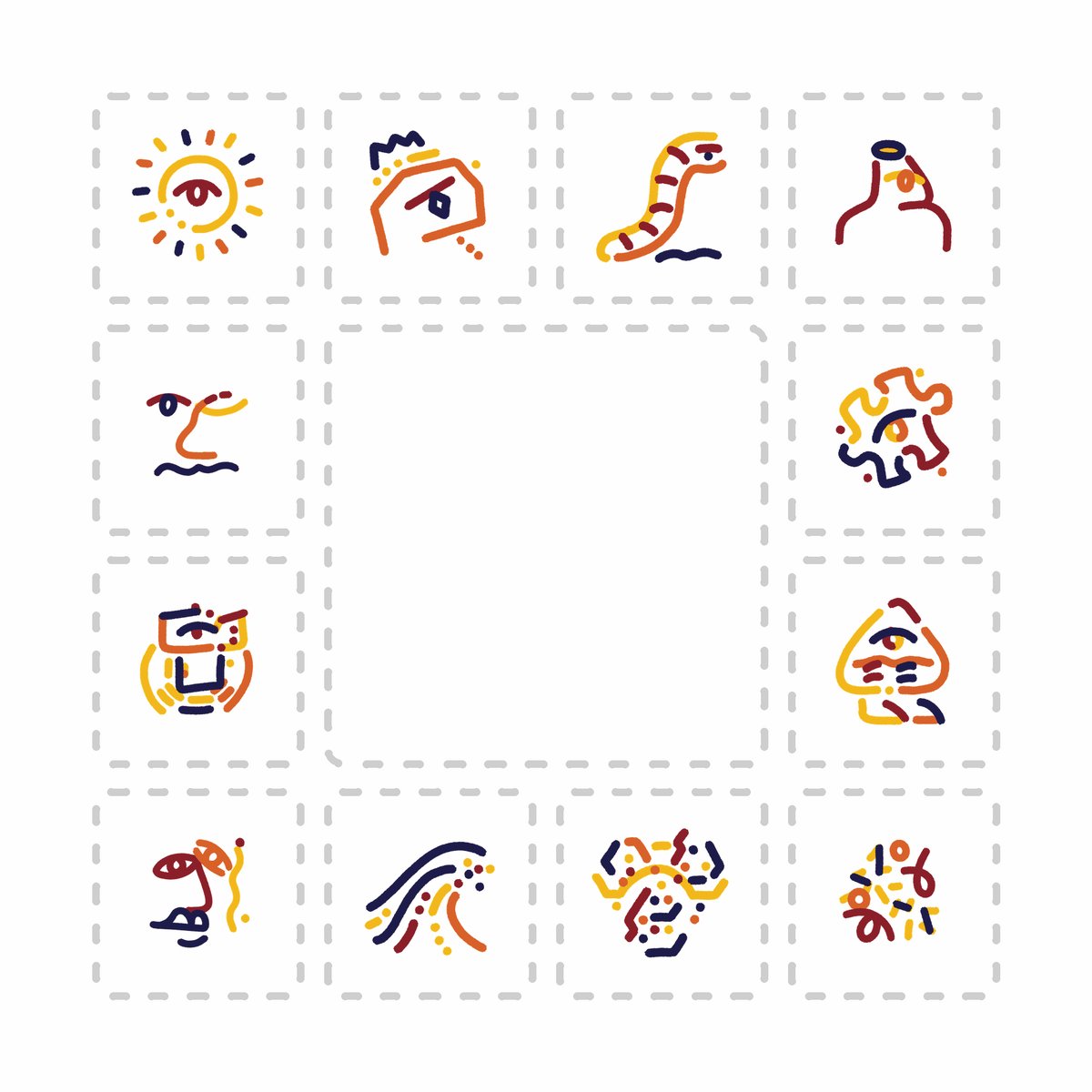 The image features a grid of twelve different drawings, each with unique shapes and colors. The drawings include various elements such as a bird, a fish, a flower, a house, a person's face, a snake, a tree, a boat, a car, a building, an animal, and a flower. The post is titled "The co-creation studio is now live at GLiFS.art. Save a composition and it' s yours. There can only be one of each in the end. On June 21, they lock forever onchain."