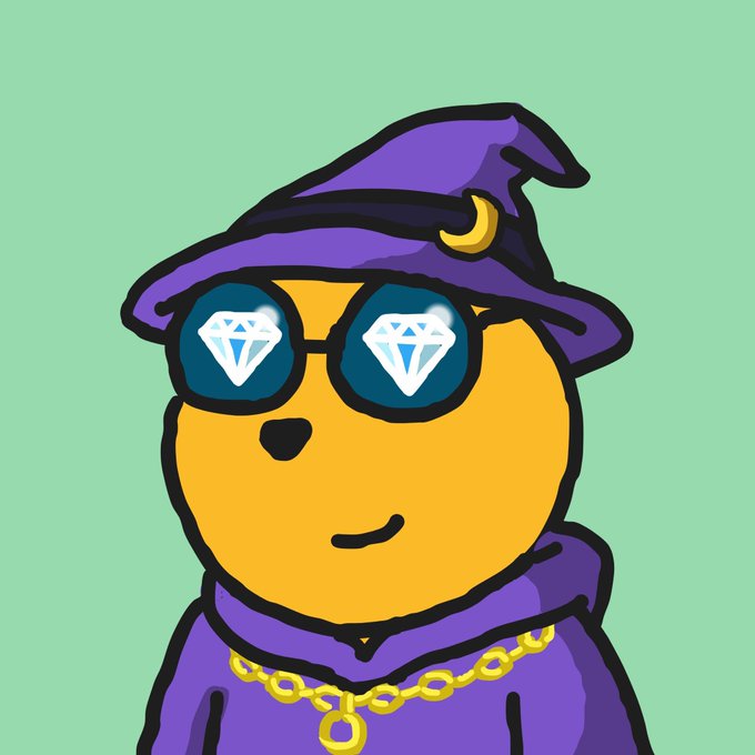 A cartoon yellow bear wearing a purple wizard hat with a crescent moon emblem and diamond-patterned sunglasses, accessorized with a gold chain necklace, serving as a stylish new profile picture (PFP) tied to a post celebrating $GOD with deliberately misspelled enthusiastic text on a mint green background.