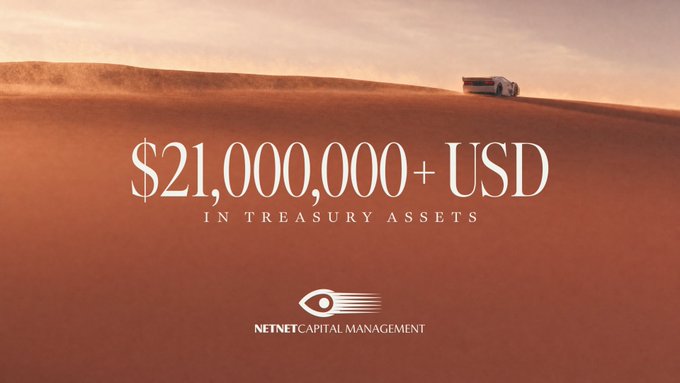 An advertisement features a car driving through a desert landscape with text reading '$21,000,000+ USD IN TREASURY ASSETS' and the 'NETNET CAPITAL MANAGEMENT' logo.