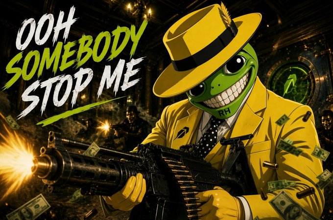 A cartoonish green character in a yellow suit and fedora wields a blazing minigun amid flying bullets and dollar bills, with the bold text "OOH SOMEBODY STOP ME" overhead—reflecting the post's "Unstoppable" sentiment about RH and $TURBO.