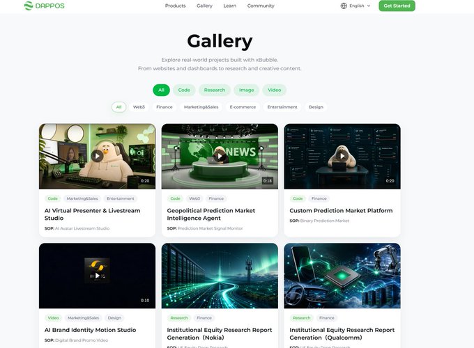 The image shows the DappOS Gallery page displaying real-world projects built with #bubble, featuring video previews of applications like "AI Virtual Presenter & Livestream Studio," "Geopolitical Prediction Market Intelligence Agent," and "Custom Prediction Market Platform," with category filters for Code, Research, Image, and Video content. The post references DappOS and its token $DOS, connecting the gallery showcase of the platform's diverse project offerings to the introduction of the project's tokenomics.
