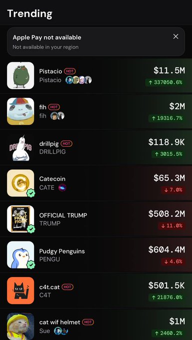 A mobile screenshot of a "Trending" cryptocurrency list showing various memecoins with their tickers and prices, including Pistacio ($11.5M), fih ($2M, marked HOT with 19316.7% gain), Drillpip GIG ($118.9K), Catecoin ($65.3M), Official Trump ($508.2M), Pudgy Penguins ($604.4M), and cat wif helmet ($1M). The image directly supports the post's bullish sentiment about $FIH, which is prominently displayed with a massive percentage gain and "HOT" tag, visually reinforcing the call to "flip it now."