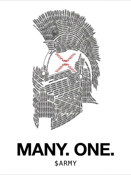 A typographic portrait made of the word "ARMY" repeated, with a red-highlighted section forming a heart shape, above the text "MANY. ONE." and "$ARMY".