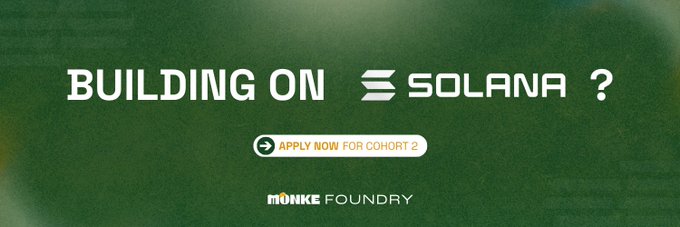 The image features a banner that reads "Building on @solana ? Cohort 2 is open. We are looking for teams solving hard problems with clear market potential. Applications close June 12." The text is written in white, making it stand out against the green background of the banner. The banner also includes an arrow pointing to the right and a question mark, indicating that there might be more information or instructions related to the application process.