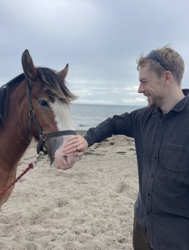 A man in a dark jacket stands on a sandy beach reaching out to touch a brown horse's muzzle, with the ocean visible in the background.