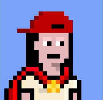 A pixel art portrait of a man wearing a red backwards cap and a red and white shirt with a gold chain against a blue background.