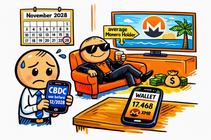 A cartoon illustration showing a contrast between a worried man holding a 'CBDC use before 12/2028' phone on November 2028, and a relaxed Monero holder with sunglasses on a couch next to a wallet showing 17.468 XMR and the average Monero holder meme.