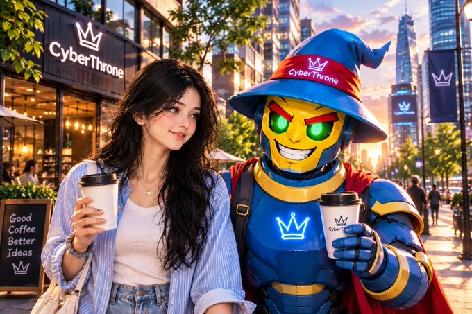 A young woman holding a coffee cup stands next to a blue and gold robot mascot wearing a wizard hat, both branded with 'CyberThrone', on a city street with the brand's logo on nearby buildings.